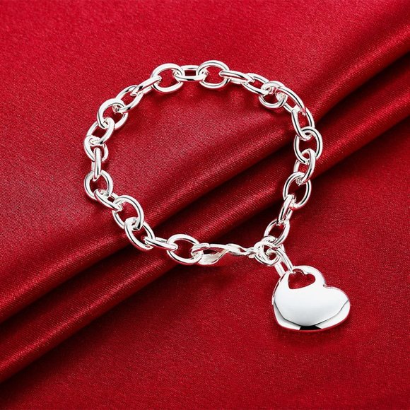 Homage Style Heart Pendant Bracelet 7.50" - Stamped Solid .925 Sterling Silver - Picture 2 of 5